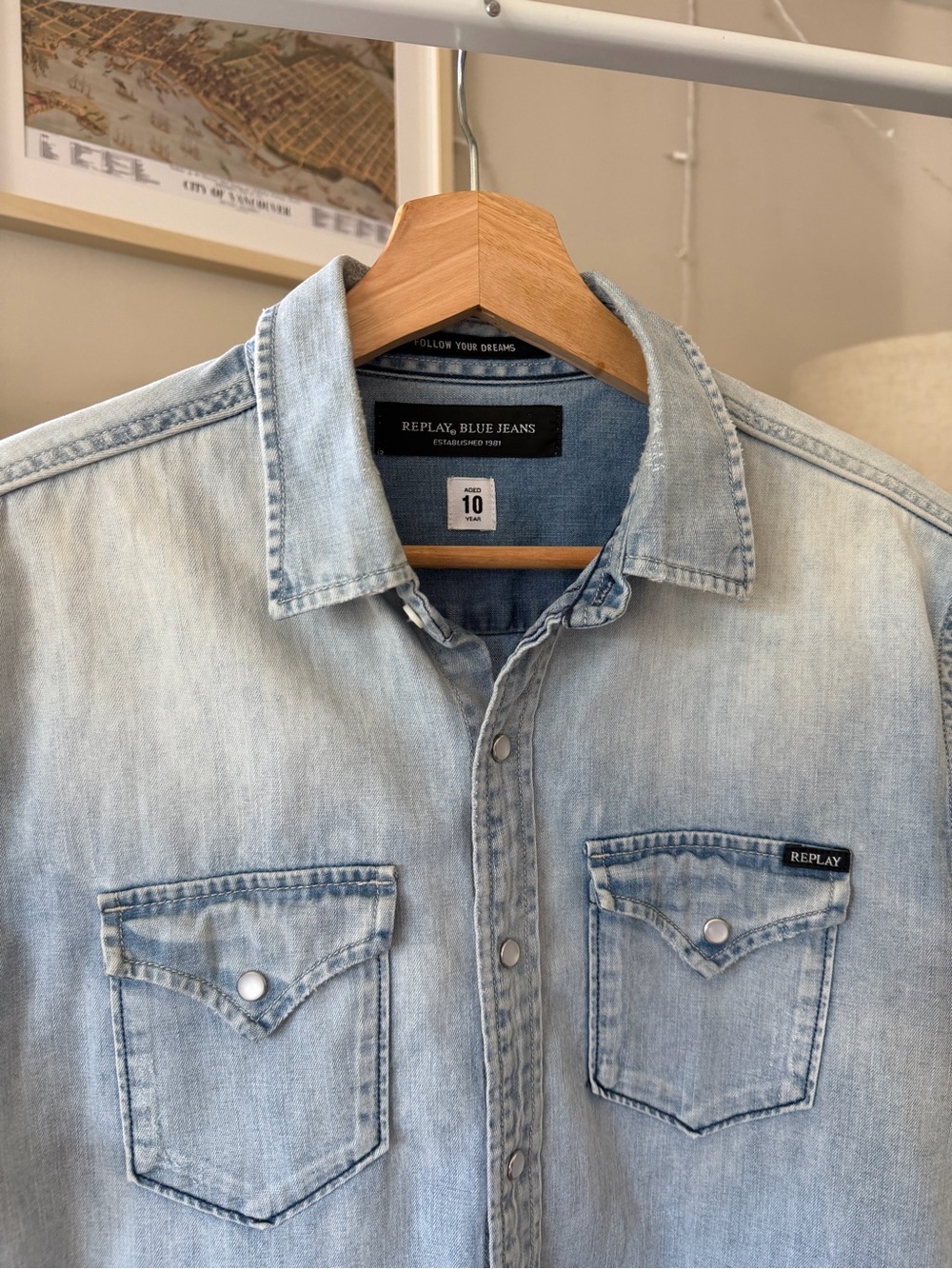 Replay Blue Jeans Light Blue Denim Shirt - Classic Western Pocket Shirt - Picture 2 of 7